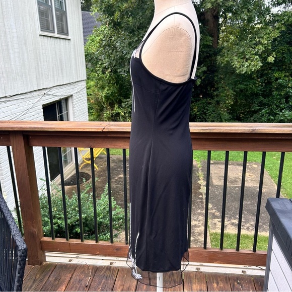 Cache Y2K Black slinky dress mesh White embroidered flowers dragonfly - Picture 5 of 7